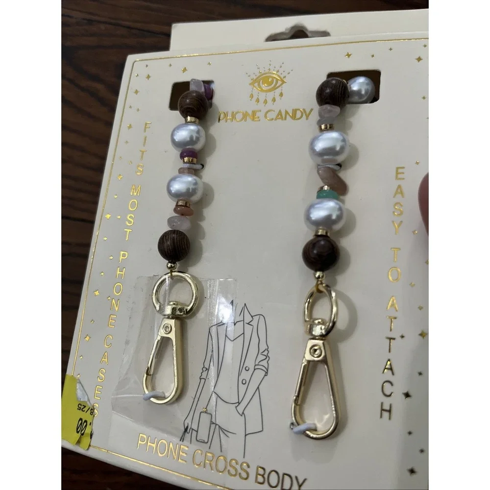 Eyecandy Phone Cross Body Stone Strap Multicolor Faux Pearl Wood Beads Clip On